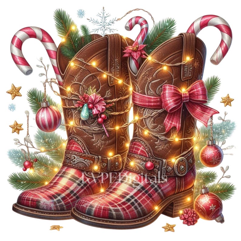 May include: A festive illustration of brown cowboy boots with red plaid accents, adorned with Christmas decorations. The boots are wrapped in string lights and decorated with a red bow, candy canes, and ornaments. The boots are surrounded by pine branches and gold stars.