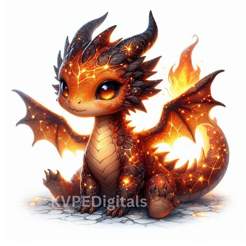 May include: A cute, cartoon-style dragon illustration. The dragon is primarily orange and brown with glowing accents, large eyes, and small horns. The dragon has wings and a fiery tail. The text "KVPEdigitals" is at the bottom.
