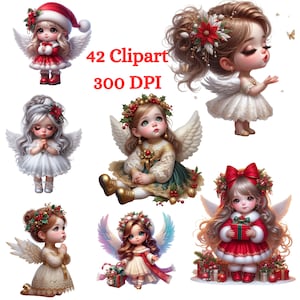Ángeles navideños, lindas chicas chibi, villancicos, imágenes prediseñadas de Adviento, 42 PNG imprimibles, decoraciones de pared digitales festivas, conjunto de descarga instantánea