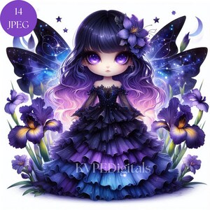 May include: Digital illustration of a fairy with purple hair, eyes, and a layered dress in shades of blue and purple. The fairy has large, expressive eyes and is surrounded by irises and stars. The image includes the text "14 JPEG" in a purple circle.