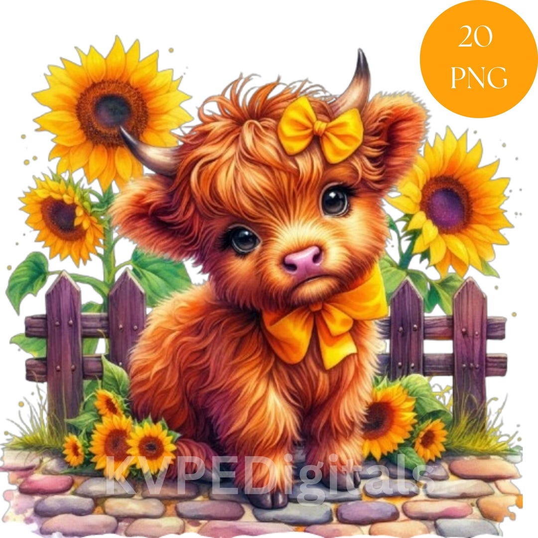 Sunflower Highland Cow W/ Flowers Clipart Bundle, 20 PNG Cute Baby Cow ...