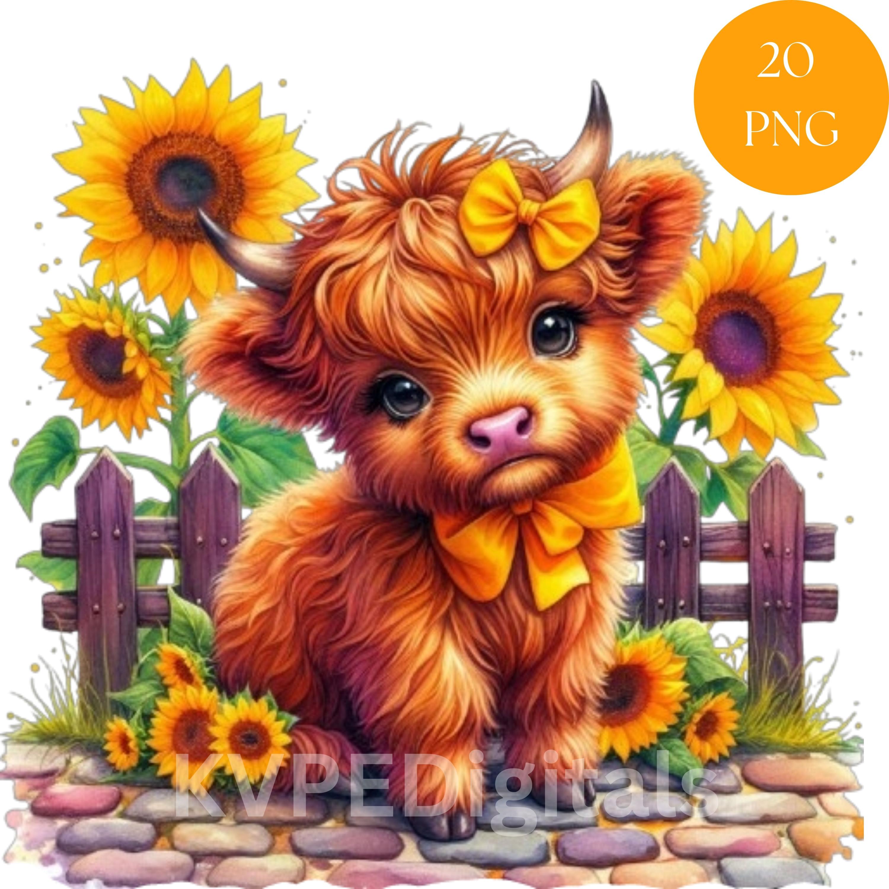 Sunflower Highland Cow W/ Flowers Clipart Bundle, 20 PNG Cute Baby Cow ...