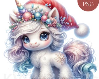 May include: A white unicorn with a blue and pink mane and tail wearing a red Santa hat and a crown of ornaments and flowers. The unicorn has large blue eyes and a golden horn.