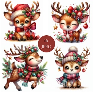 Bundle de cliparts animaux de Noël Jpeg de renne de Noël, renne d'hiver, graphiques de vacances, usage commercial, téléchargement immédiat art numérique