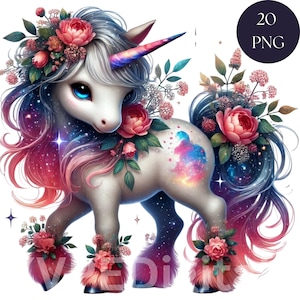 Night Sky Floral Unicorn magische aquarel eenhoorn clipartbundel, 20 png kleurrijke fantasie eenhoorn, afbeeldingen schattige baby eenhoorn, doe-het-zelf knutselen