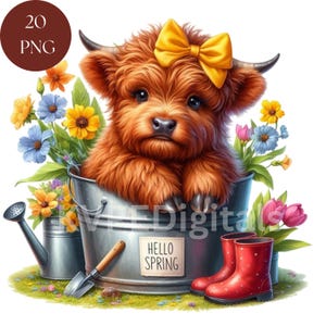 Watercolor Spring Highland Baby Cow Clipart Bundle, 20 PNG Baby Cow Floral Graphics, Spring Flowers Art, Instant Download Digital Printables