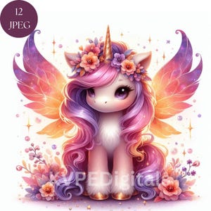Licorne féerique florale du crépuscule, lot de 12 cliparts licorne aquarelle Jpeg, bébé licorne avec fleurs, licorne pastel, licorne printanière du jardin