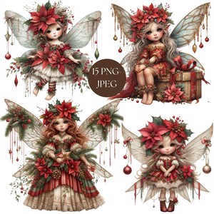 May include: Four digital illustrations of Christmas fairies. Each fairy is adorned with poinsettias, holly, and decorative wings. The fairies wear red and white dresses and have delicate features. A brown circle with the text "15 PNG-JPEG" is in the center.
