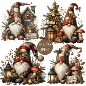 May include: Four festive illustrations of Christmas gnomes. Each gnome is depicted with a plaid hat and seasonal accessories such as lanterns, mushrooms, and pinecones. Some images include a sign that reads "Merry Christmas". The image also includes the text "18 PNG JPEG".