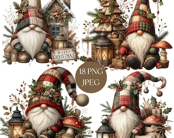 Rustic Christmas Winter Patchwork Gnome Clipart, 18 PNG -JPG Farmhouse Holiday Gnome, Woodland Merry Christmas Gnome, Country Forest Gnome