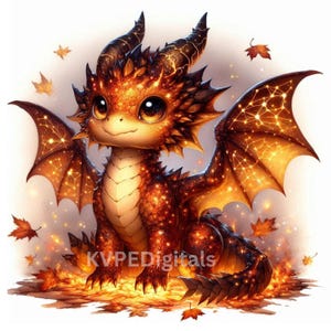 May include: A digital illustration of a cute, orange and brown dragon with large eyes, sitting among autumn leaves. The dragon has detailed wings with a glowing pattern. The image includes the text "KVPEDigitals".