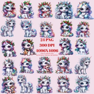 Ensemble de cliparts de licorne de Noël, 24 mignons imprimables PNG colorés, décoration murale numérique arc-en-ciel pastel de vacances, téléchargement immédiat amusant lunatique