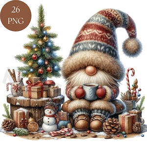 Świąteczny rustykalny krasnal świąteczny Clipart Bundle, 26 PNG słodkie świąteczne wydruki, natychmiastowe pobieranie cyfrowej sztuki ściennej, rzemiosło scrapbookingowe