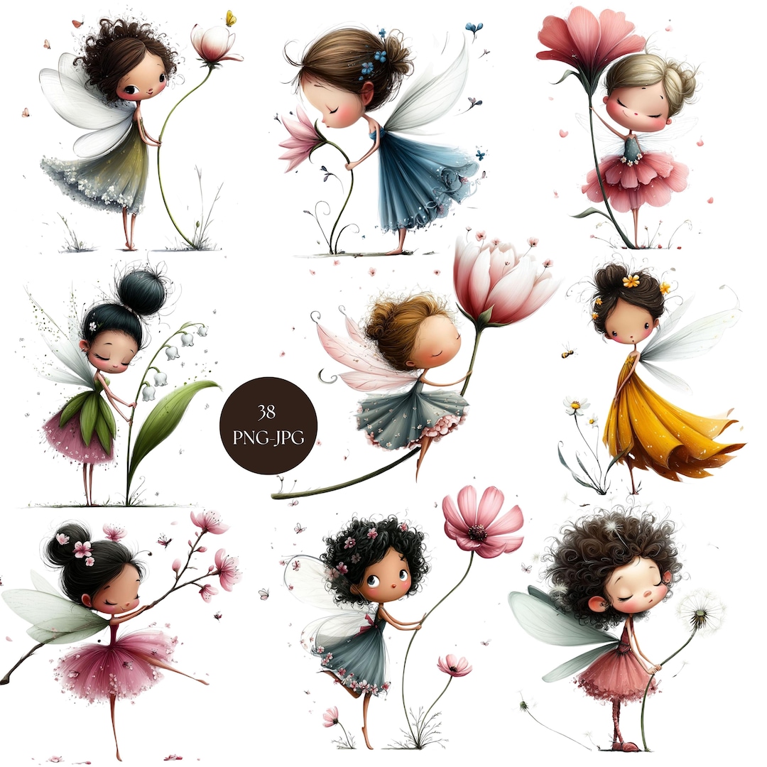 Spring Flower Fairy Clipart Bundle, 38 PNG-JPG Cute Whimsical Floral ...