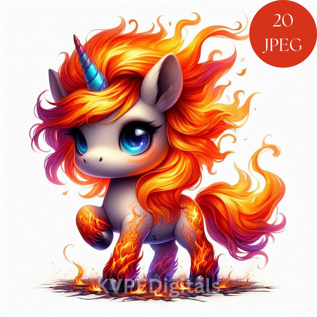 Fire Fun Icon Fire Unicorn, 20 Jpeg Cute Fiery Baby Unicorns, Watercolor Clipart ...