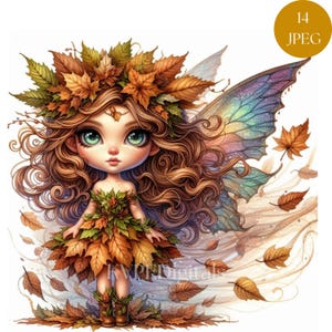 May include: A whimsical illustration of a fairy adorned with autumn leaves. The fairy has large green eyes, flowing brown hair, and a dress made of leaves. Her wings display a rainbow of colors. The image includes falling leaves and the text "14 JPEG".