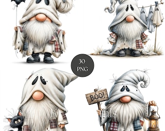 Paquete de imágenes prediseñadas de gnomos fantasmas de Halloween, 30 gnomos PNG lindos de Halloween para pedir dulces, manualidades de scrapbooking imprimibles digitales, decoración de descarga instantánea