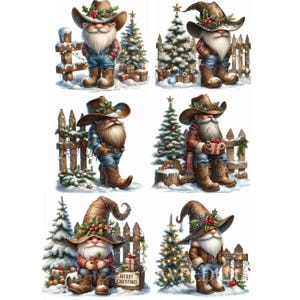 Peut inclure: Plusieurs illustrations de No&euml;l avec des gnomes v&ecirc;tus de chapeaux et de bottes de cow-boy. Chaque gnome est repr&eacute;sent&eacute; pr&egrave;s d'un sapin de No&euml;l d&eacute;cor&eacute; et d'une cl&ocirc;ture en bois, sur un fond enneig&eacute;. Certains gnomes tiennent des cadeaux, et une image comprend une pancarte avec l'inscription "Merry Christmas."