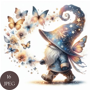 May include: A whimsical gnome with a blue and white starry hat and wings, walking and blowing a stream of butterflies and flowers.