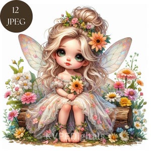 Leuke lente bloemenfee, 12 jpeg pastel feeën met bloemen clipartbundel, lente decor graphics, commercieel gebruik stickers sublimatie