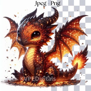 May include: A digital illustration of a cute baby dragon with large eyes, scales, and fiery wings. The dragon is primarily orange and brown with glowing accents. The image has the text "Jpeg - Png" at the top and "KVPEDigitals" at the bottom.
