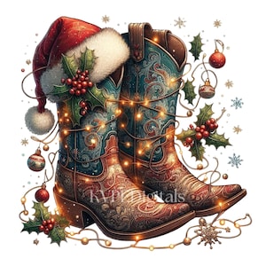 May include: A festive illustration features a pair of cowboy boots adorned with Christmas decorations. The boots are intricately patterned in shades of brown, teal, and blue, with a Santa hat and holly. String lights and ornaments add to the holiday theme.