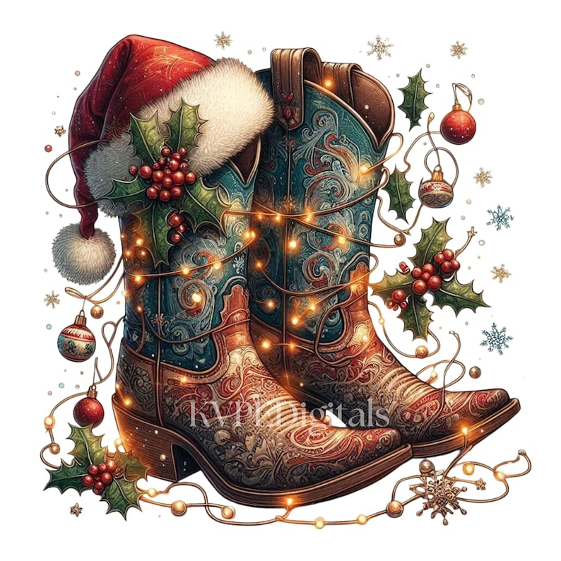 May include: A festive illustration features a pair of cowboy boots adorned with Christmas decorations. The boots are intricately patterned in shades of brown, teal, and blue, with a Santa hat and holly. String lights and ornaments add to the holiday theme.