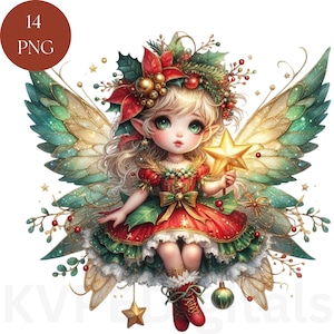 Imágenes prediseñadas de hadas festivas de Navidad, hadas de invierno coloridas, duendes de vacaciones, 14 PNG imprimibles caprichosos, decoración de arte de pared digital, álbum de recortes
