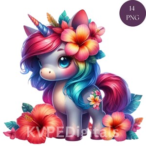 Tropical Unicorn Clipart Bundle, 14 PNG Hawaiian Baby Unicorn, Floral Unicorn, Colorful Summer Unicorn, Commercial Use Digital Printables