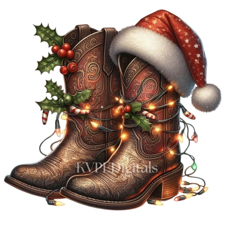 May include: A pair of brown cowboy boots decorated with Christmas lights, holly, and candy canes. A red Santa hat with white trim and stars rests on top of the boots. The boots have intricate embossed designs.