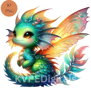 Dragon magique avec des ailes de fée, 10 PNG bébé dragon Clipart Bundle, dragon lunatique, dragon aquarelle, tout usage commercial imprimables numériques