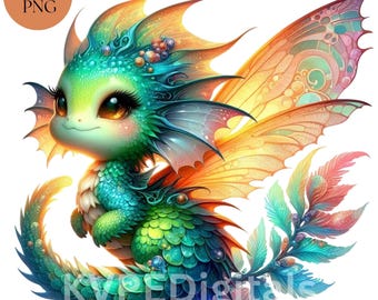 Magical Dragon with Fairy Wings, 10 PNG Baby Dragon Clipart Bundle, Whimsical Dragon, Watercolor Dragon, Commercial Use Digital Printables