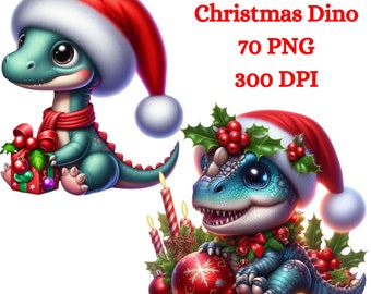 May include: Two cartoon dinosaurs wearing Santa hats. One dinosaur is green and holding a gift box with a red bow. The other dinosaur is blue and surrounded by Christmas decorations, including a red ornament with a snowflake design.