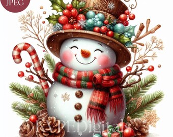 May include: A cheerful snowman illustration wearing a brown top hat adorned with berries and holly. The snowman has a red and green plaid scarf, a carrot nose, and a candy cane. Festive holiday decor.