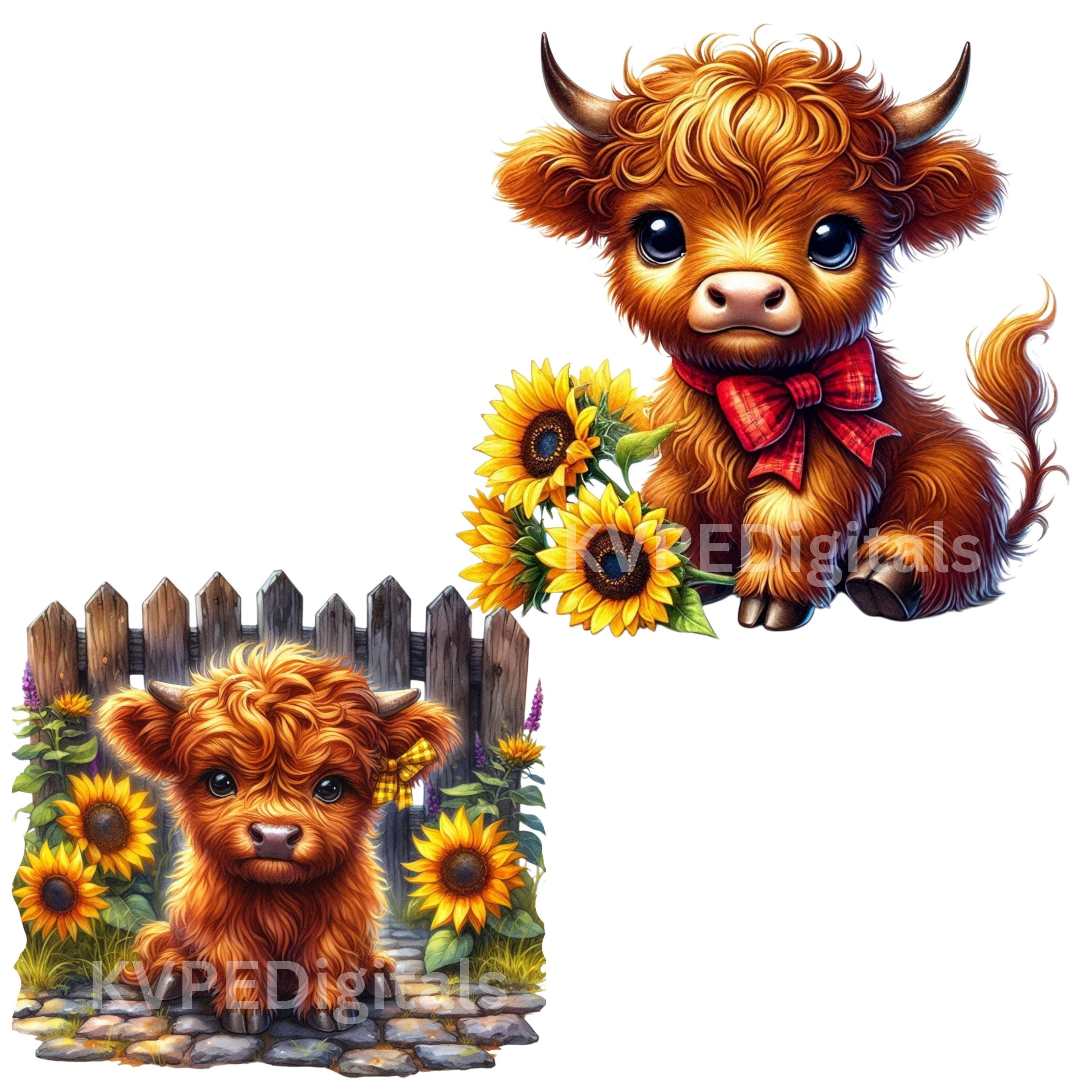 Sunflower Highland Cow W/ Flowers Clipart Bundle, 20 PNG Cute Baby Cow ...