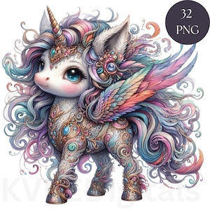 Clipart licorne magique, 32 PNG majestueux licorne numérique Art déco imprimables, Scrapbooking Junk Journal chambres d'enfants, usage Commercial