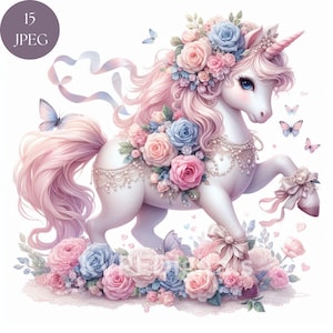 Clipart di unicorno shabby chic floreale pastello, 15 unicorni in pizzo vintage in formato JPEG, illustrazione romantica di unicorno in stile cottagecore, unicorno da giardino primaverile