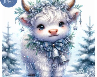 May include: A digital illustration of a fluffy white calf with large blue eyes, adorned with a winter wreath and a blue plaid bow. Silver bells and star ornaments hang from the wreath. The background features snow-covered pine trees.