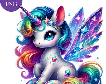 Crystal Wings Unicorn Colorful Baby Unicorns Rainbow Watercolor Clipart Bundle, 23 PNG Digital Printables Kids Illustration Birthday Graphic