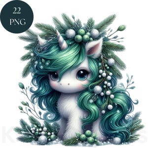 Immergrüne Einhorn Clipart, 22 PNG Winter Saison Weihnachten Einhorn Digitaldrucke Wand Kunst Dekor, für Scrapbook Junk Journal Print auf Anfrage