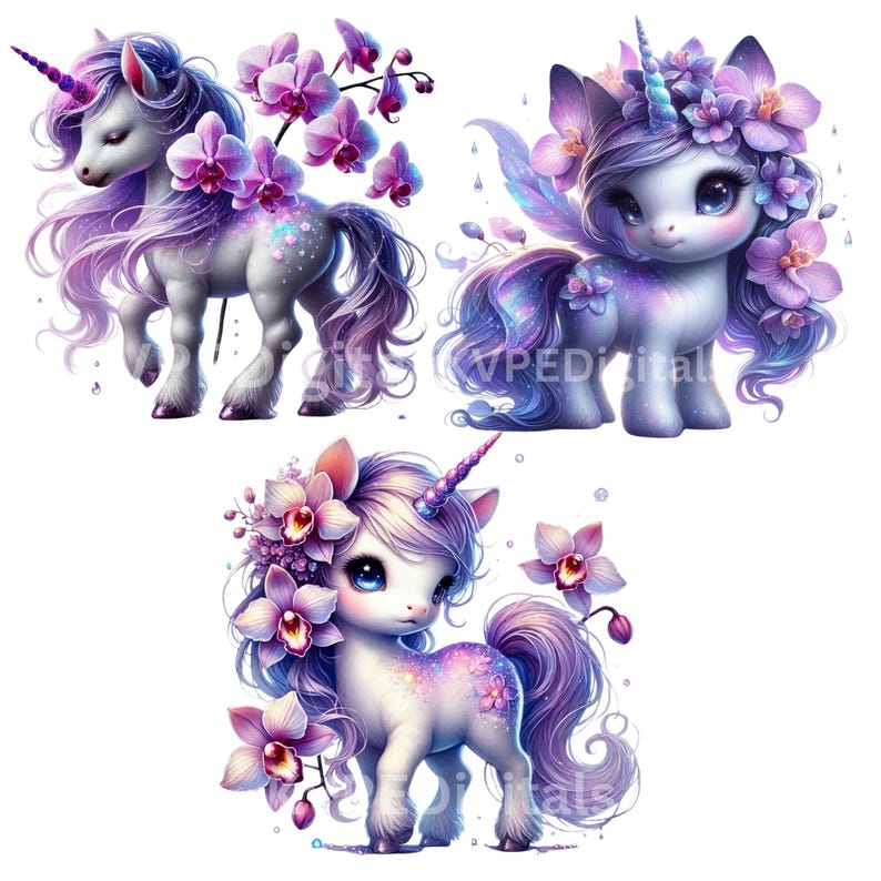 Orchid Blossom Unicorn Floral Baby Unicorn Spring Clipart Bundle, 28 ...