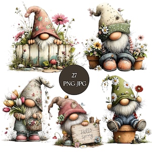 以下が含まれることがあります： 気まぐれなノームのイラストのコレクション。各ノームは長い白いひげ、尖った帽子で描かれ、花に囲まれています。「Hello Spring」と書かれた看板を持っているノームもいます。画像には「27 PNG JPG」というテキストが含まれています。