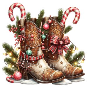 May include: A festive illustration of two brown and white cowboy boots decorated for Christmas. The boots are adorned with ornaments, candy canes, and a plaid scarf. Green pine branches and string lights add to the holiday theme.