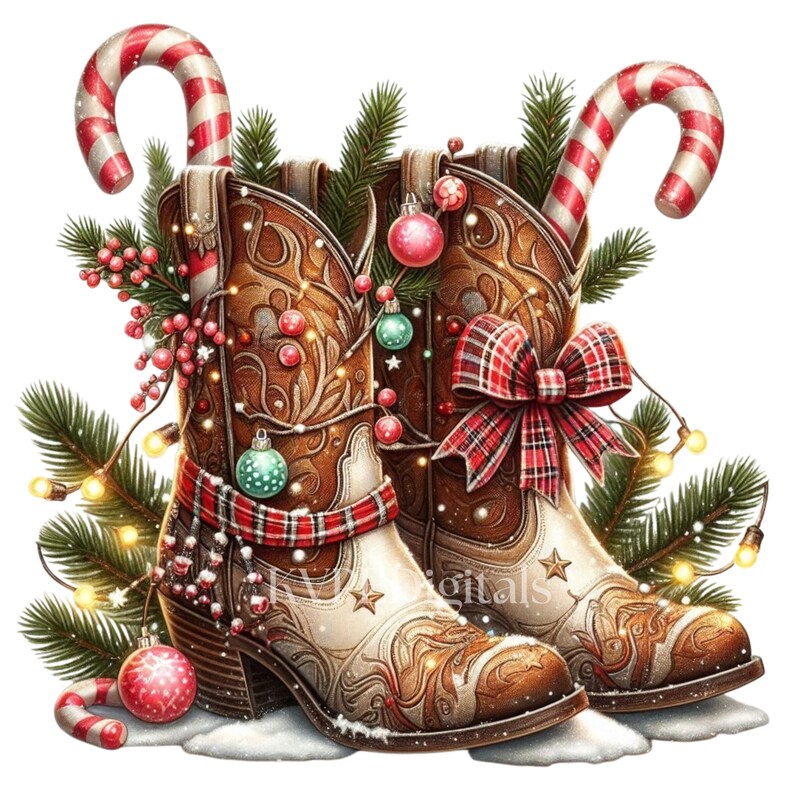 May include: A festive illustration of two brown and white cowboy boots decorated for Christmas. The boots are adorned with ornaments, candy canes, and a plaid scarf. Green pine branches and string lights add to the holiday theme.