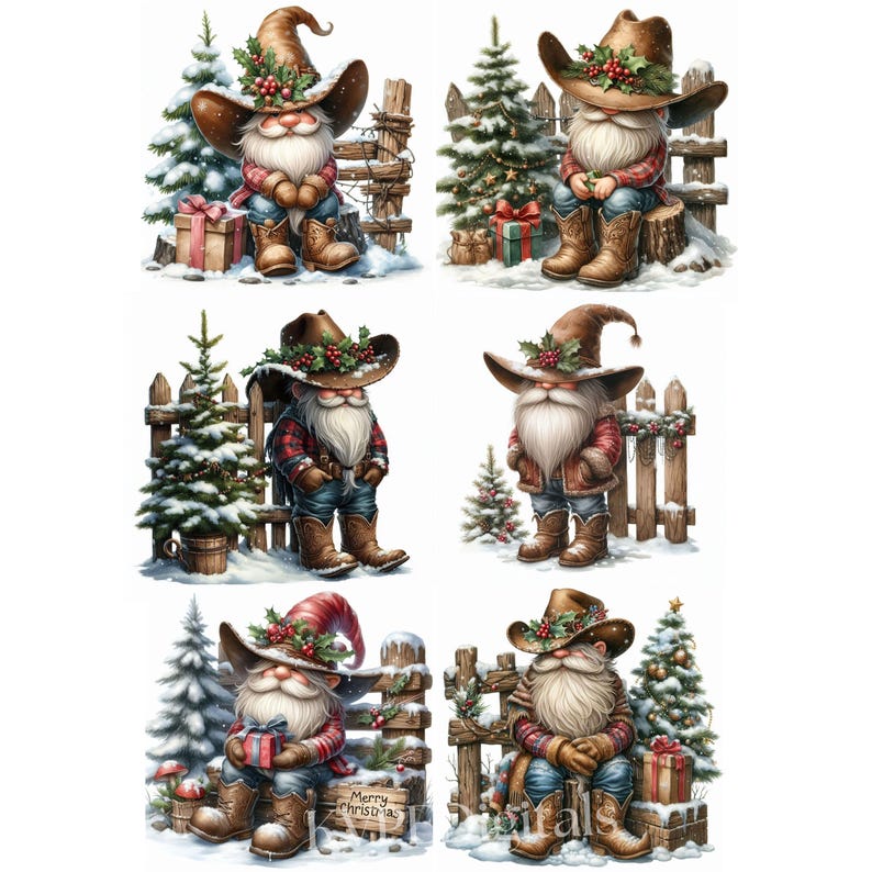 Peut inclure: Six illustrations de gnomes de No&euml;l portant des chapeaux de cowboy orn&eacute;s de houx, des chemises &agrave; carreaux, des jeans et des bottes. Chaque gnome est plac&eacute; dans une sc&egrave;ne enneig&eacute;e avec des sapins de No&euml;l, des cl&ocirc;tures et des cadeaux.