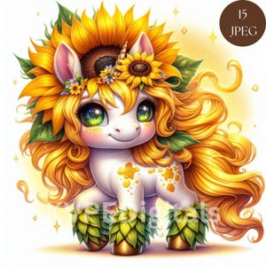 Sunflower Glow Floral Unicorn, 15 Jpeg Flower Unicorn Clipart Bundle, Colorful Baby Unicorn, Commercial Use Digital Downloads, Scrapbooking