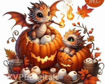 Autumn Dragon Pumpkin Spice Clipart, 10 Jpeg Autumn Harvest Graphics, Fall Dragon, Commercial Use Instant Download Scrapbooking Printables