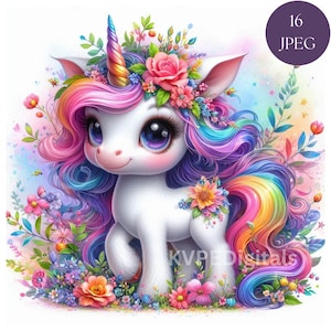 Pastel Floral Unicorn, 16 Jpeg Spring Flower Baby Unicorn Clipart Bundle, Colorful Springtime Graphics, Watercolor Digital Wall Art Decor