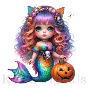 Halloween Mermaid Clipart, 16 süße PNG bunte mystische Sirene für ein gruseliges Unterwasserabenteuer, Instant Download, transparenter Hintergrund