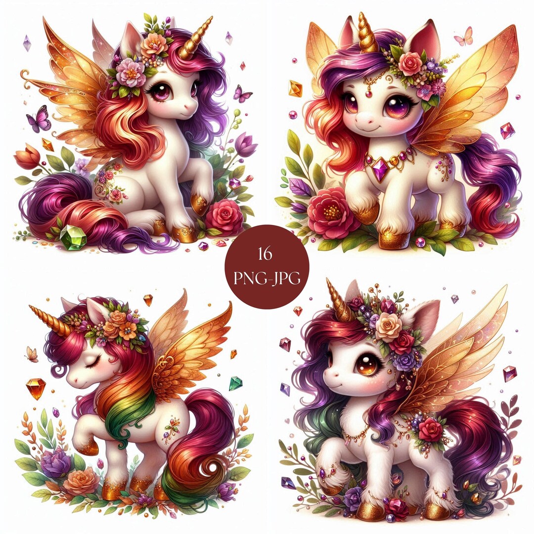 Whimsical Floral Unicorn Clipart Bundle, 16 PNG-JPG Spring Garden ...